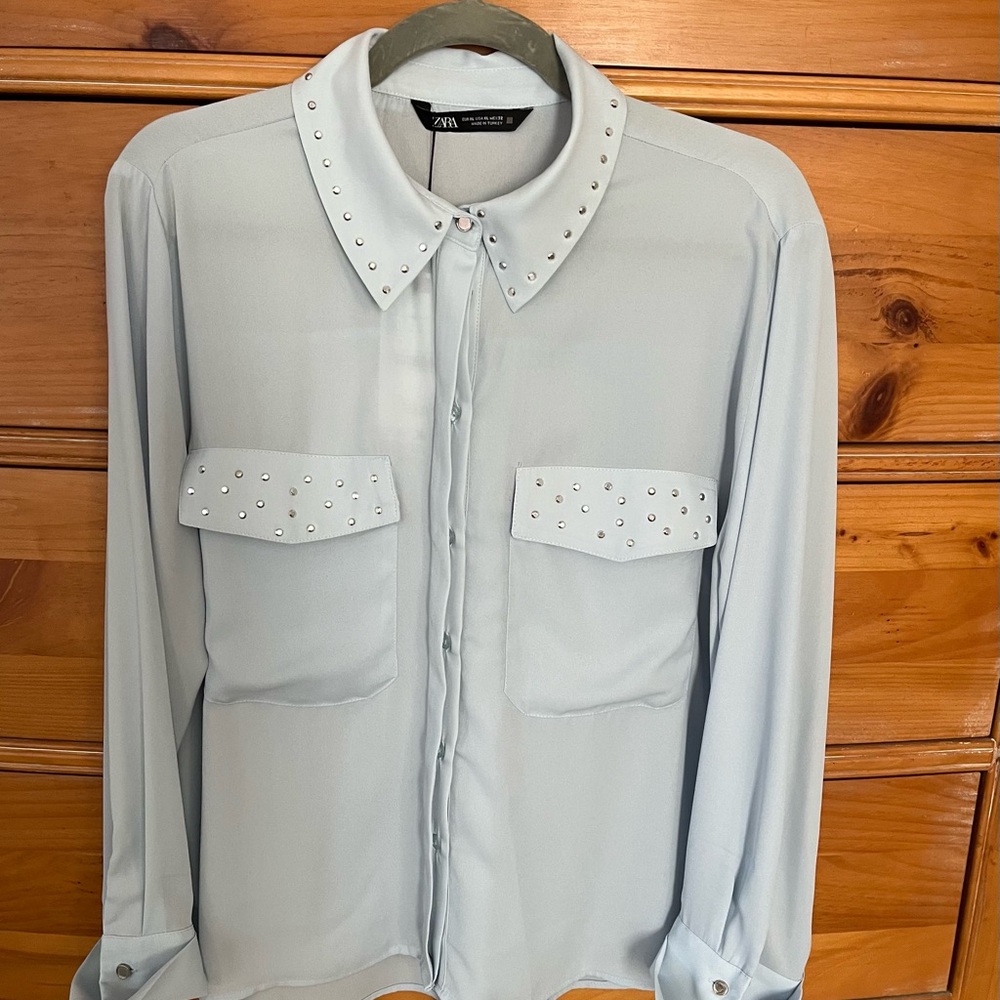 Zara Sky Blue Blouse with Studded Collar and Pockets
